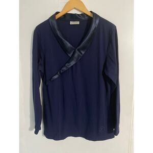 Temperley London long sleeve top women’s size L navy blue cotton satin collar